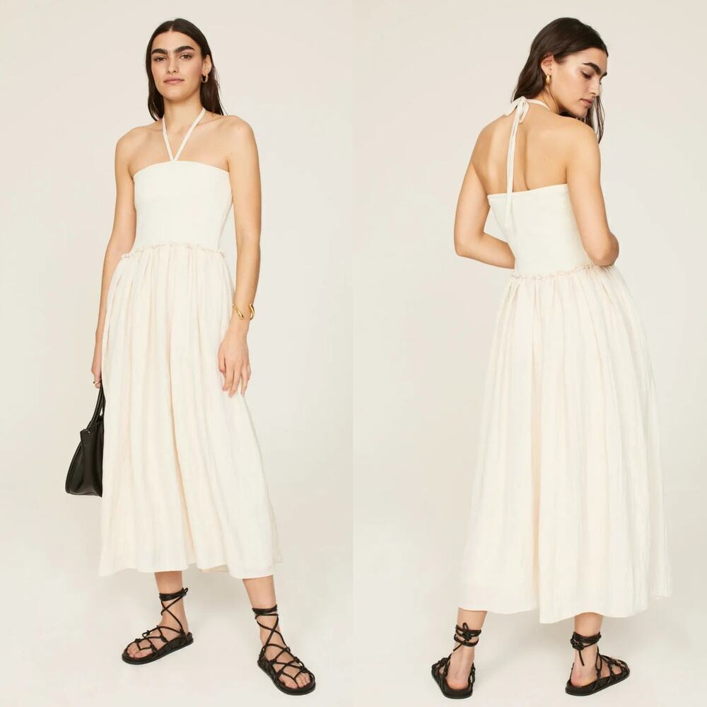 Tanya Taylor Hanah Dress Sleeveless Halter Neck Midi A-Line White Medium